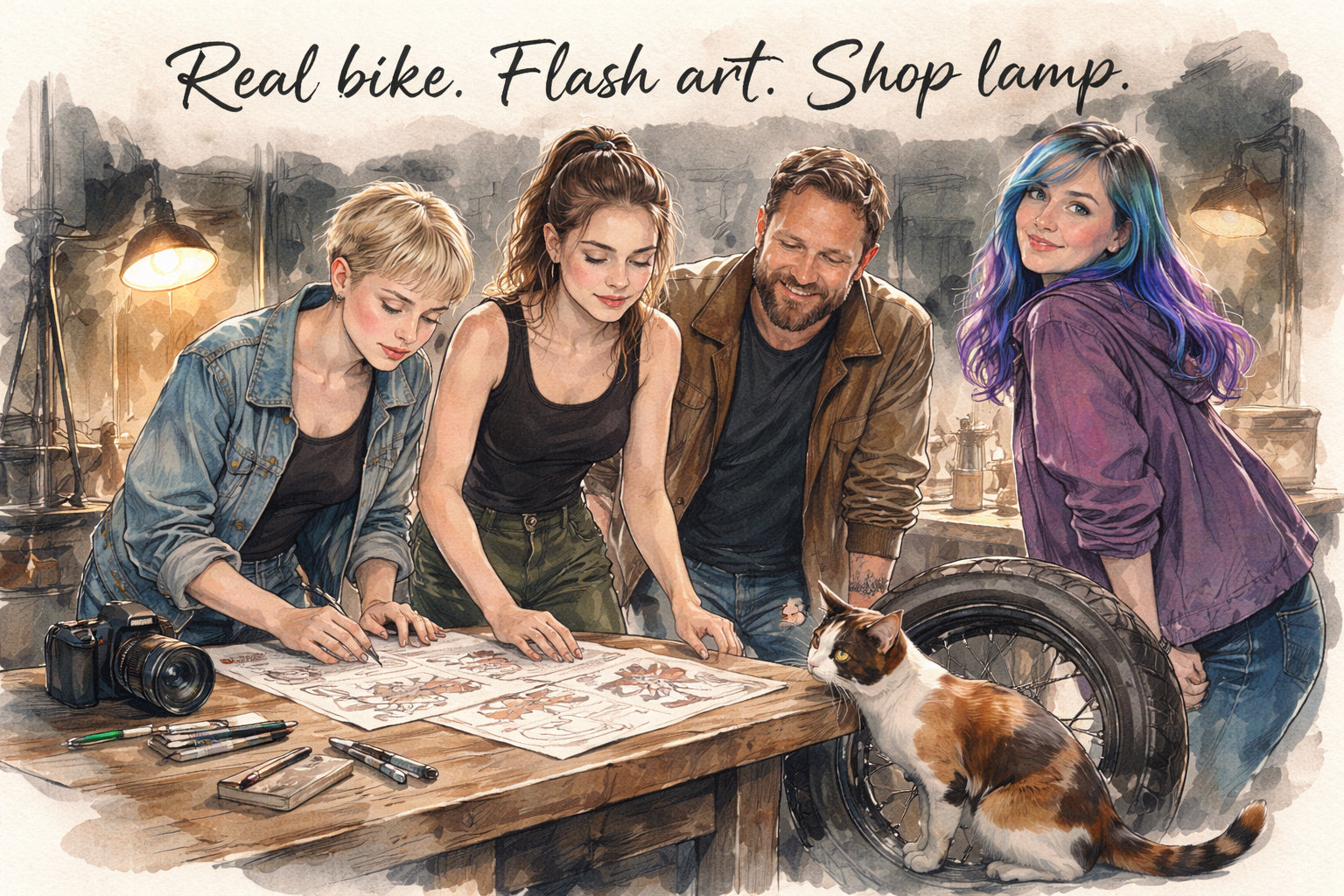 What are the three props that absolutely have to be on set for Motorcycles and Tattoos?