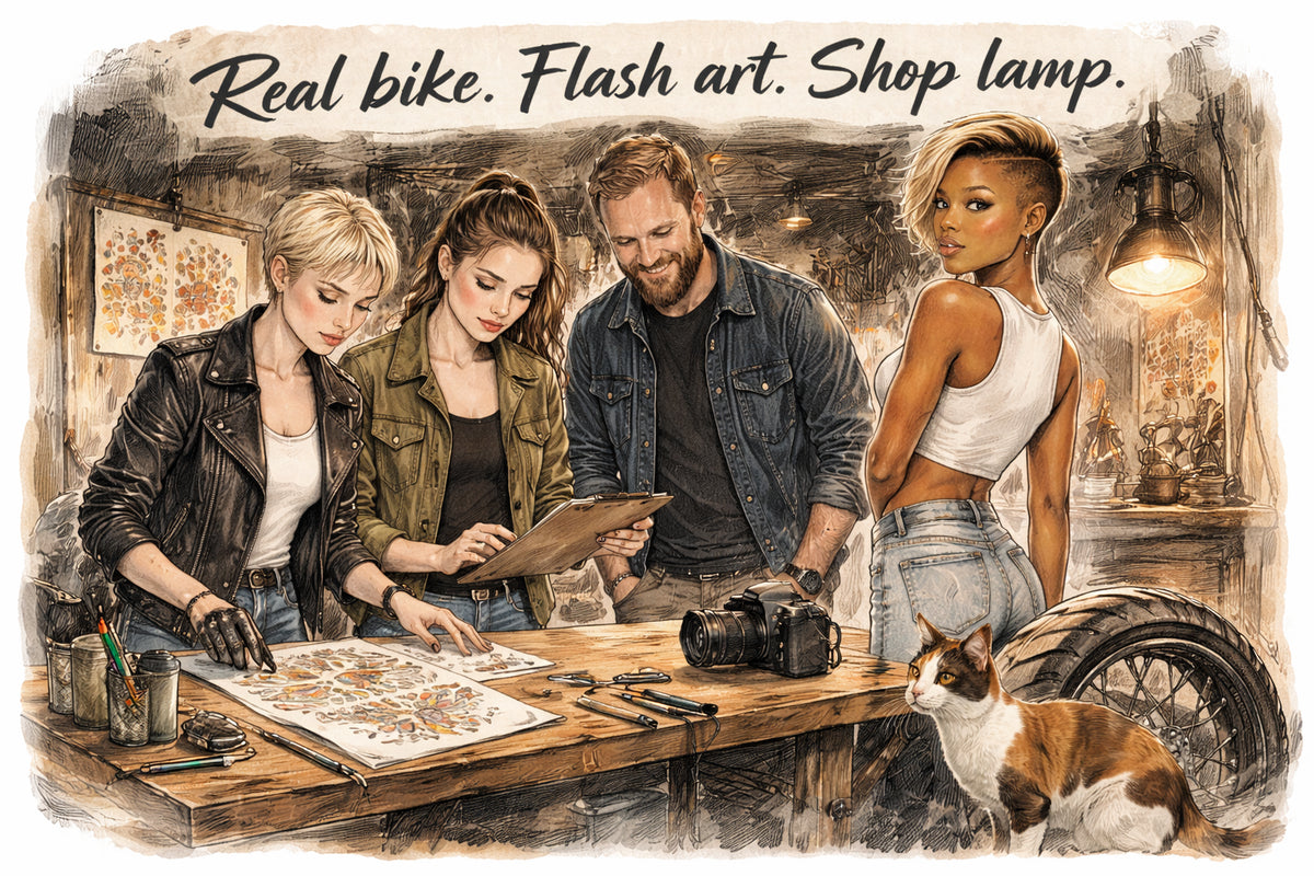 What are the three props that absolutely have to be on set for Motorcycles and Tattoos?