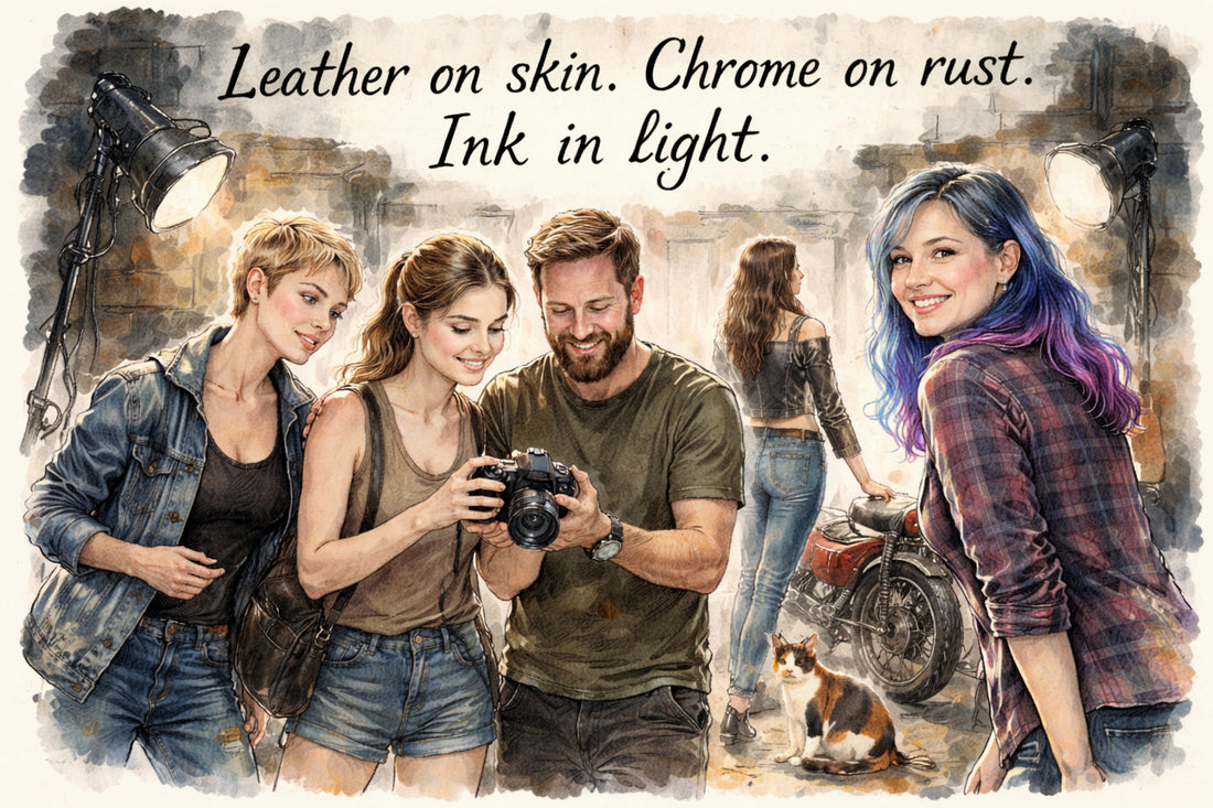 What are the three material contrasts that have to be visible in the frame for Motorcycles and Tattoos to read correctly?