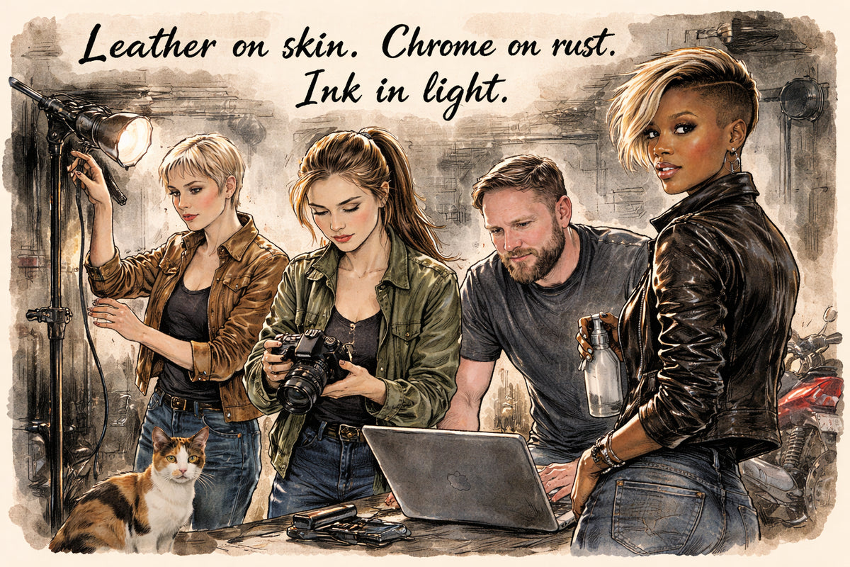 What are the three material contrasts that have to be visible in the frame for Motorcycles and Tattoos to read correctly?