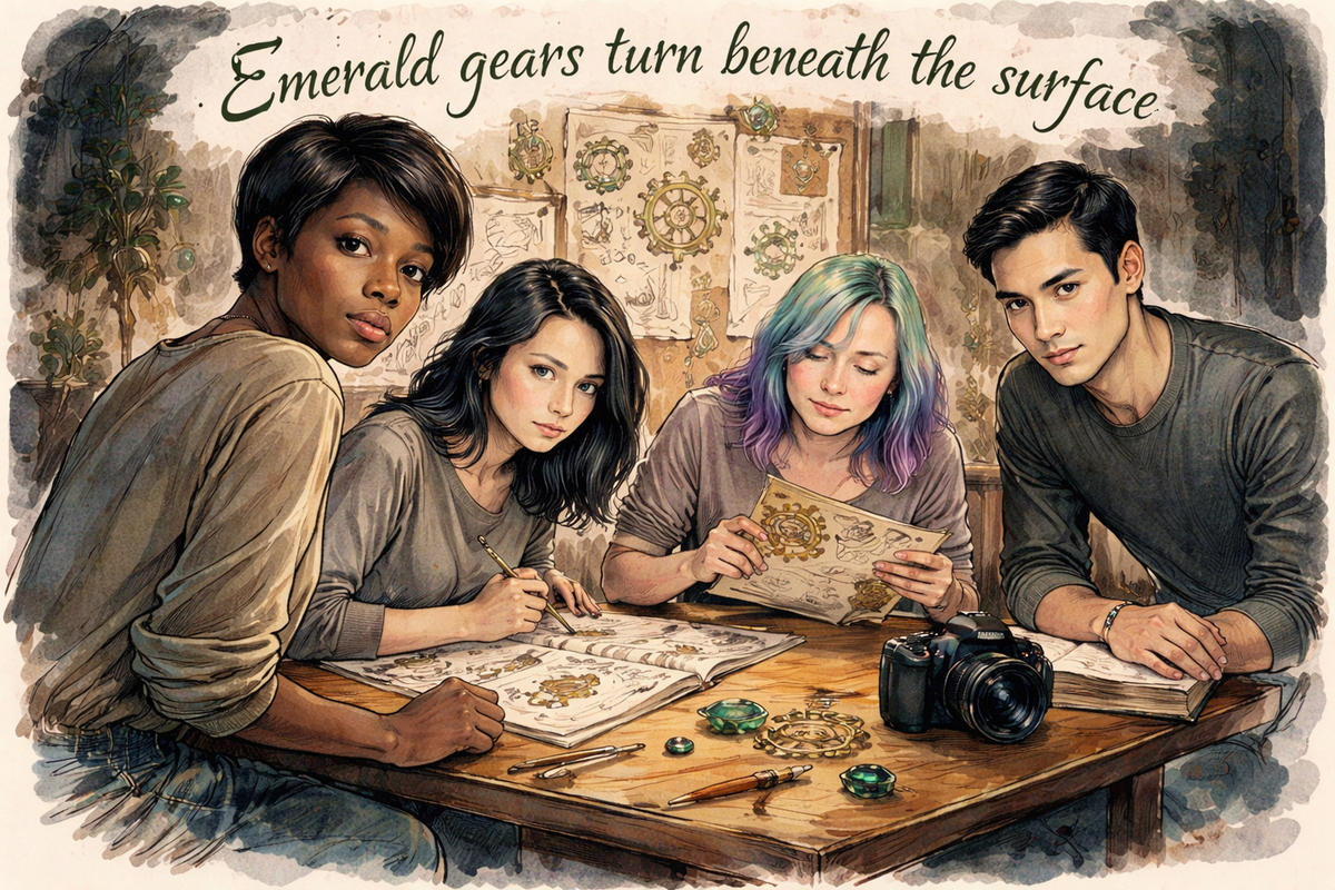 Emerald gears turn beneath the surface.