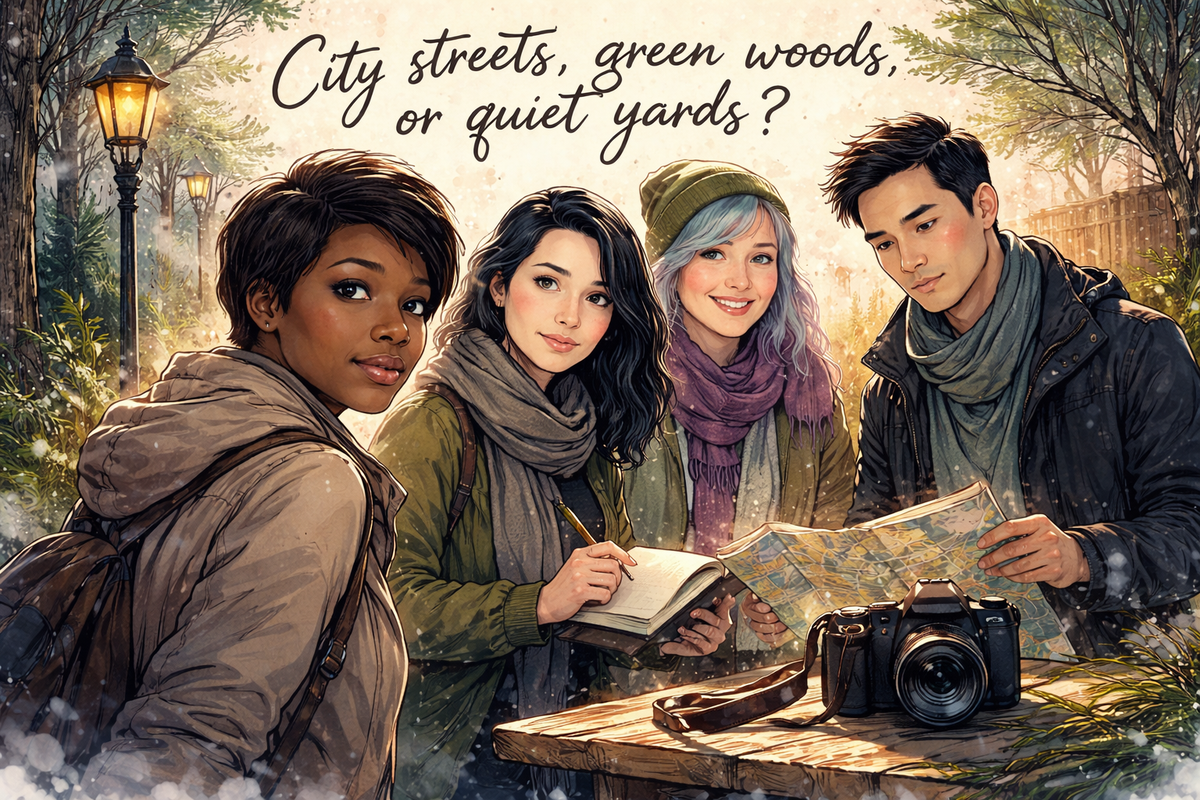 What are the top 3 free location options?
Setting: Public park, woods, urban street, backyard, or theme appropriate free location.
