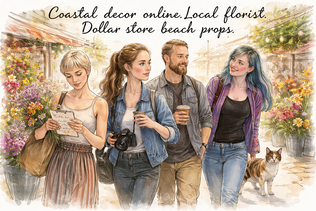 Where are we sourcing the props and set pieces for Sun-Kissed Shores?